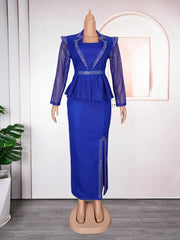 Women Fashion Celebrate Evening Party Dress Turn Down Neck Diamond See Through Long Sleeve Slim Slit Birthday Wedding Guest Robe