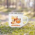 Showlu Pumpkin Spice Jesus Christ enamel mug with fall-themed design, perfect for camping and coffee lovers.