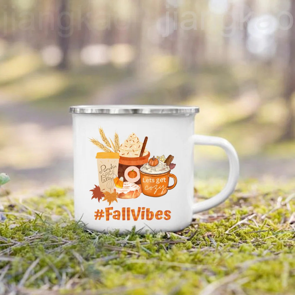 Showlu Pumpkin Spice Jesus Christ enamel mug with fall-themed design, perfect for camping and coffee lovers.