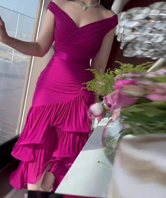 Off-shoulder ruffle tiered evening party dress for women, mid-calf length, in a stylish design from SHOWLU FASHION STORE.