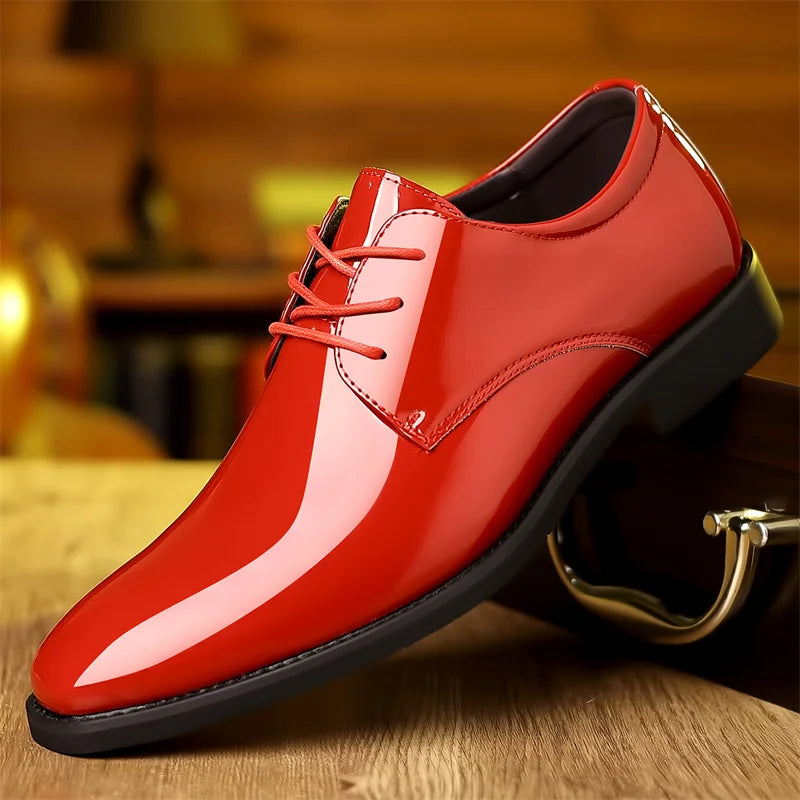 Men's pointed toe dress shoes in red PU leather with lace-up design by Showlu Fashion, ideal for formal or social occasions.