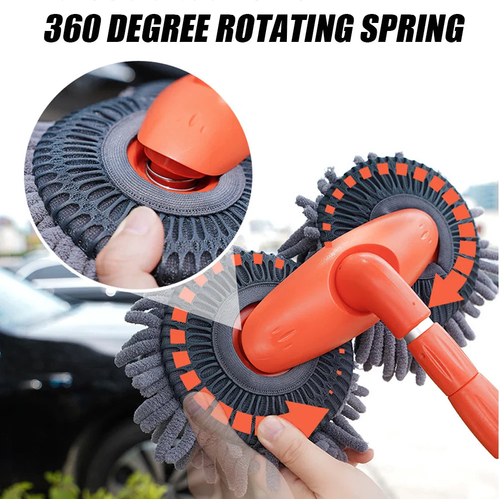 LEEPEE rotating double brush head car wash mop with telescopic handle and chenille microfiber for effective cleaning