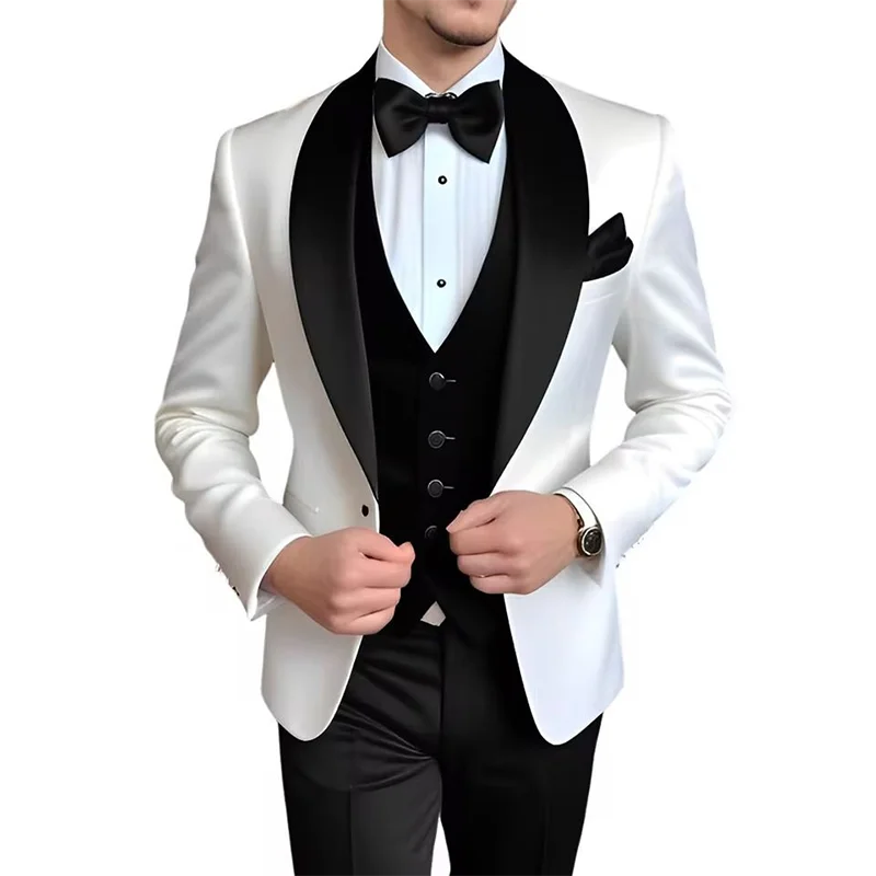 Men's 3-piece blue and white tuxedo suit by Showlu Fashion, featuring elegant formal style for weddings and parties.