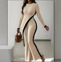 Asymmetric two-piece women's suit with round neck top and pants, featuring patchwork design, long sleeves, and slim fit for autumn winter