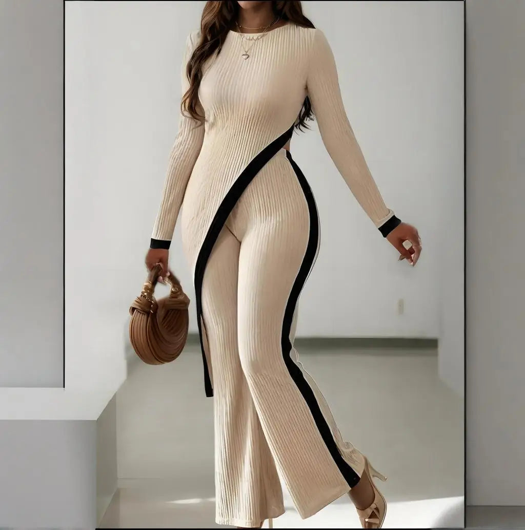 Asymmetric two-piece women's suit with round neck top and pants, featuring patchwork design, long sleeves, and slim fit for autumn winter