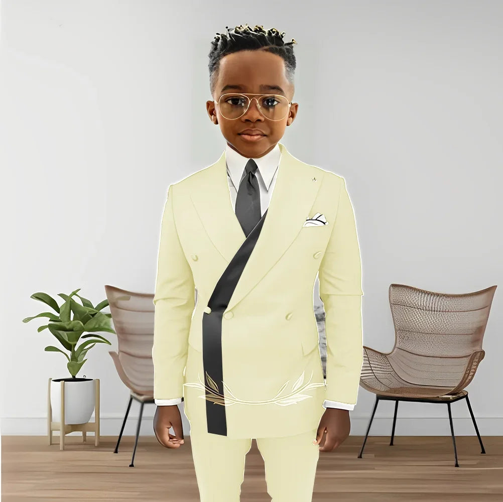 Boy's double-breasted blazer and pants tuxedo set for kids, stylish wedding attire, age 2-16, by Showlu Fashion Store.