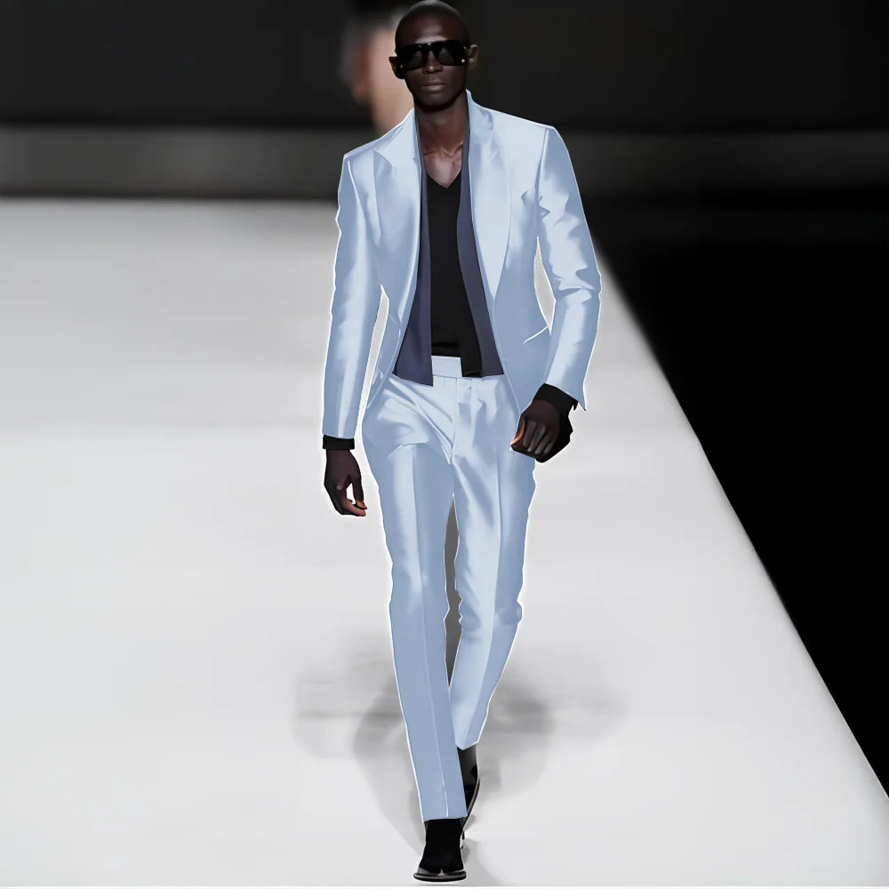 Elegant satin men's 2-piece suit with peak lapel blazer and matching pants, perfect for weddings, parties, and formal events.