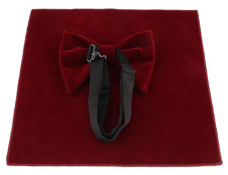 Men's velvet bowtie, pocket square, and handkerchief set with custom logo, perfect for weddings and formal occasions.