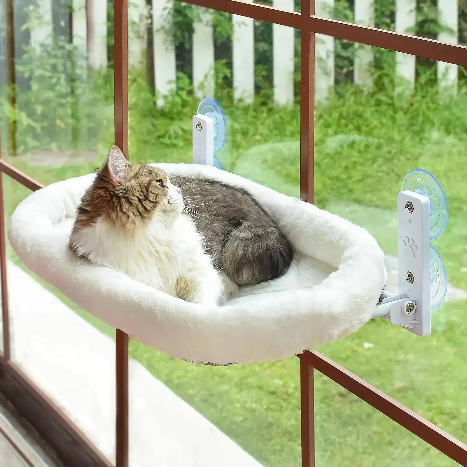 Showlu Plush Cat Window Hammock with suction cups, soft sunbathing hanging bed for cats to relax comfortably by the window.