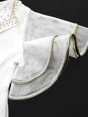 A white mesh maxi dress featuring ruffled sleeves with gold trim and a beaded collar.