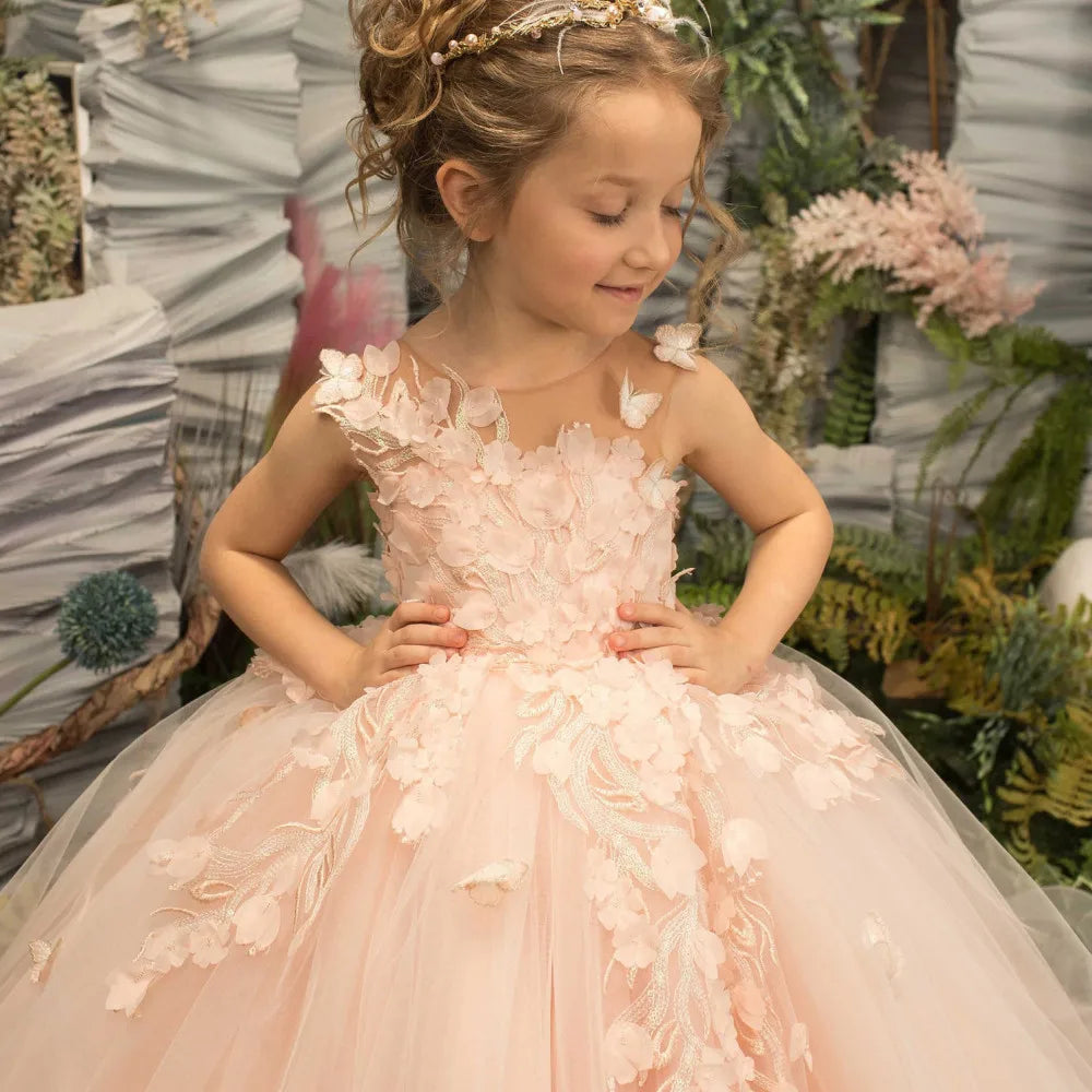 Pink flower girl dress for kids with 3D floral applique tulle ball gown by Showlu Fashion Store