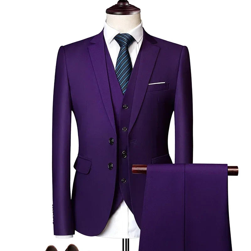 Men's slim fit suit by SHOWLU FASHION STORE, solid 3-piece tuxedo for business and wedding occasions, shown in the image.