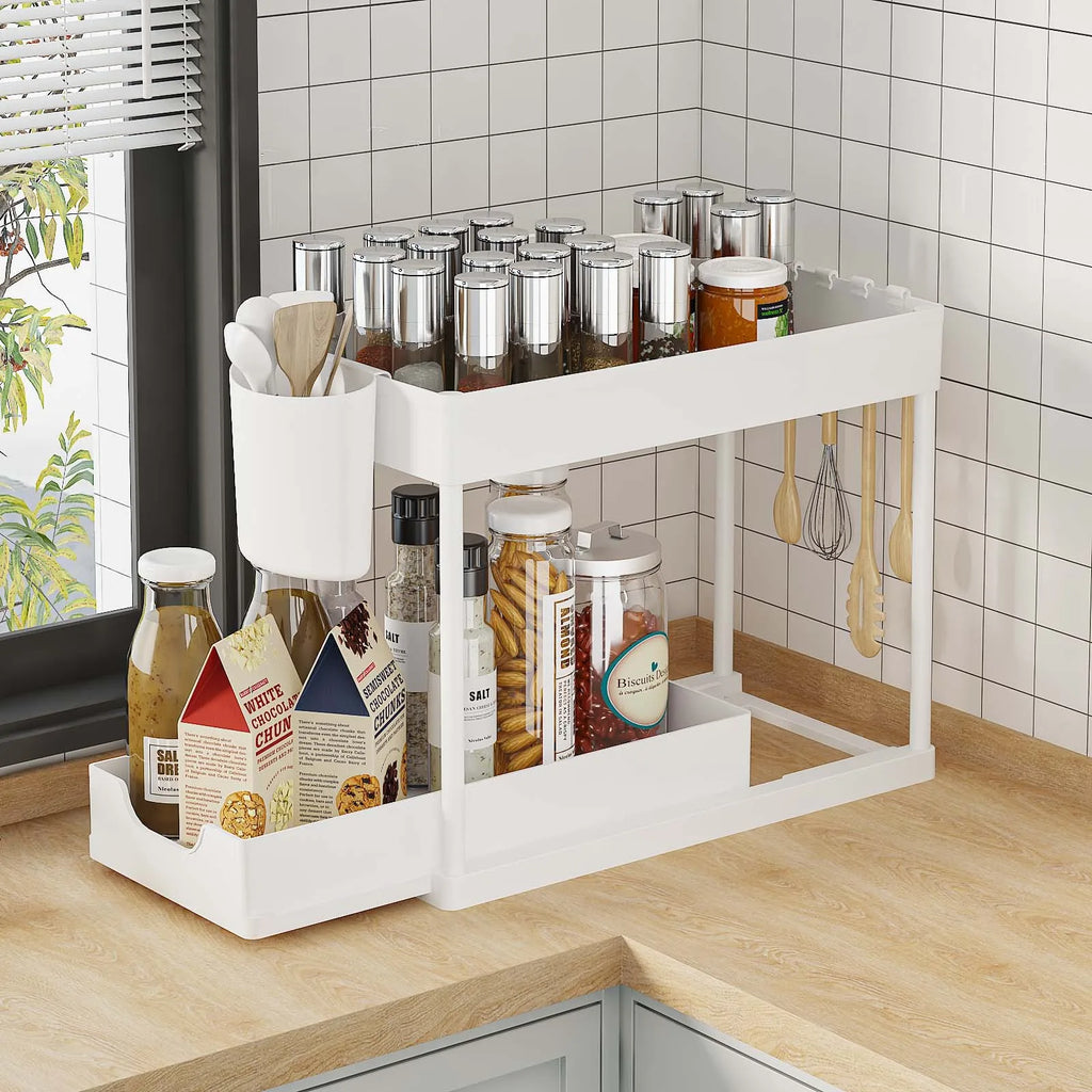 Showlu Smart General under sink organizer rack with multiple compartments for kitchen or bathroom storage.