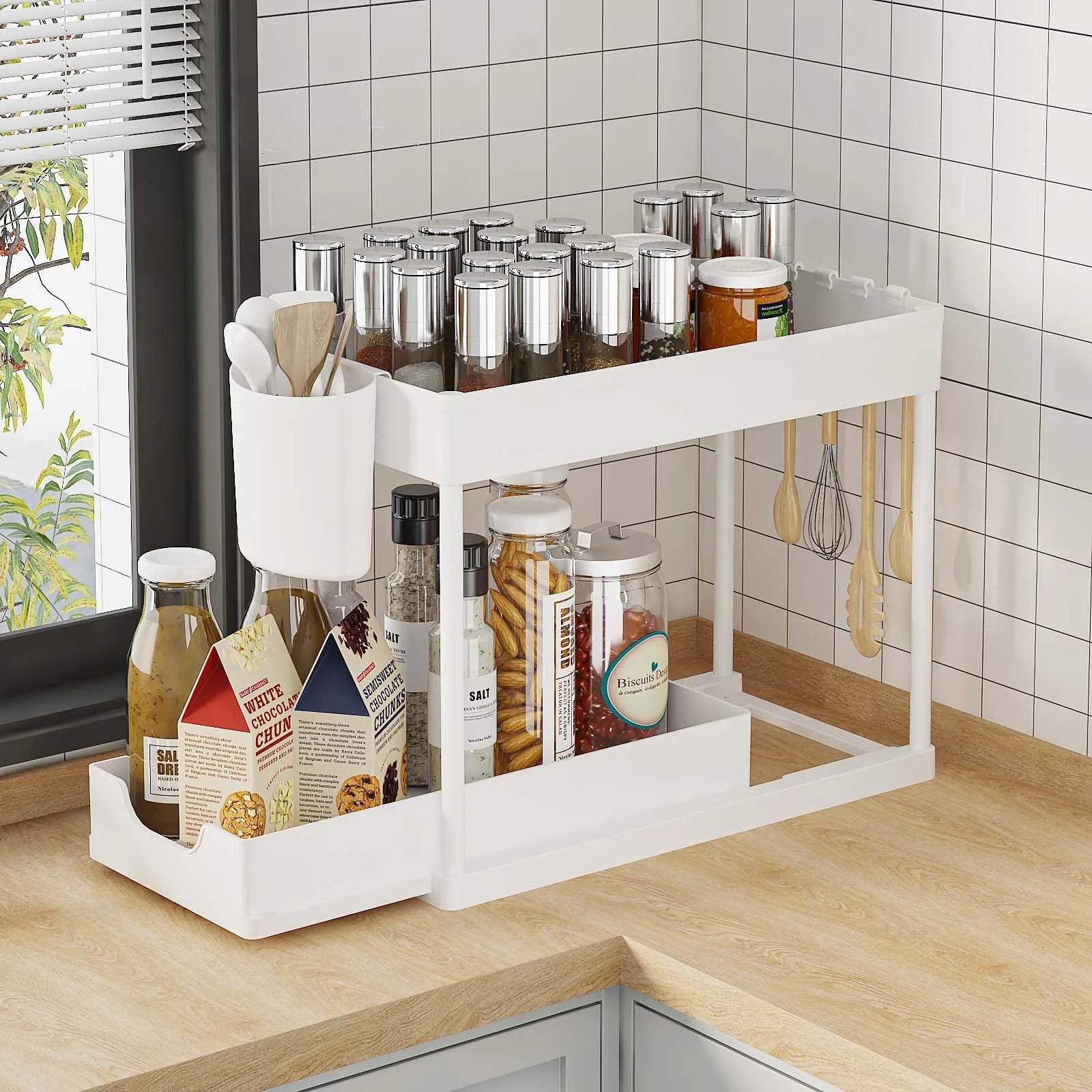 Showlu Smart General under sink organizer rack with multiple compartments for kitchen or bathroom storage.