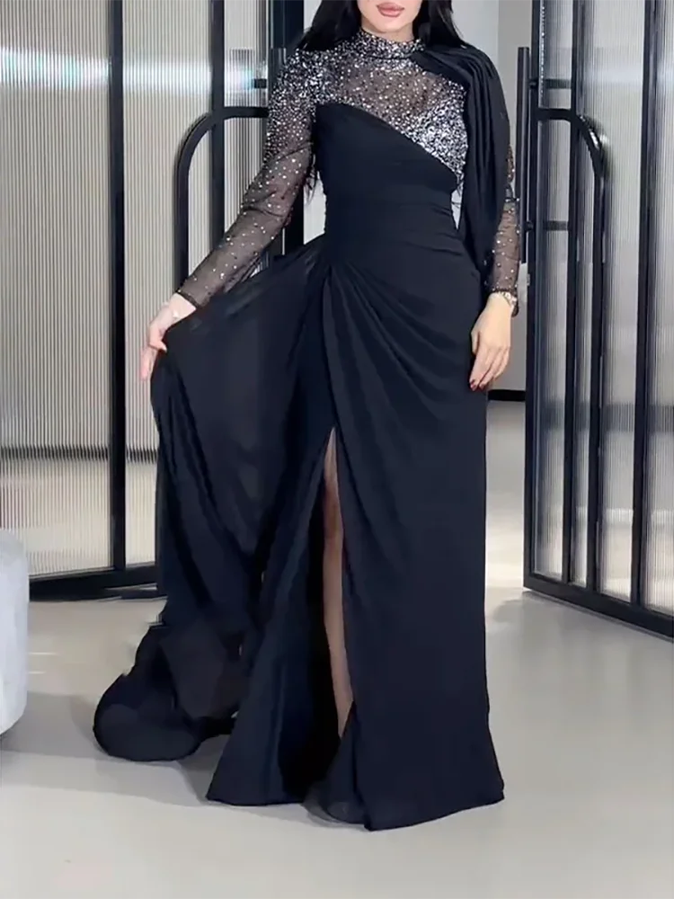 Sequin high-neck mermaid evening dress with glitter accents, floor-length style by SHOWLU FASHION STORE, showcasing elegant design details.