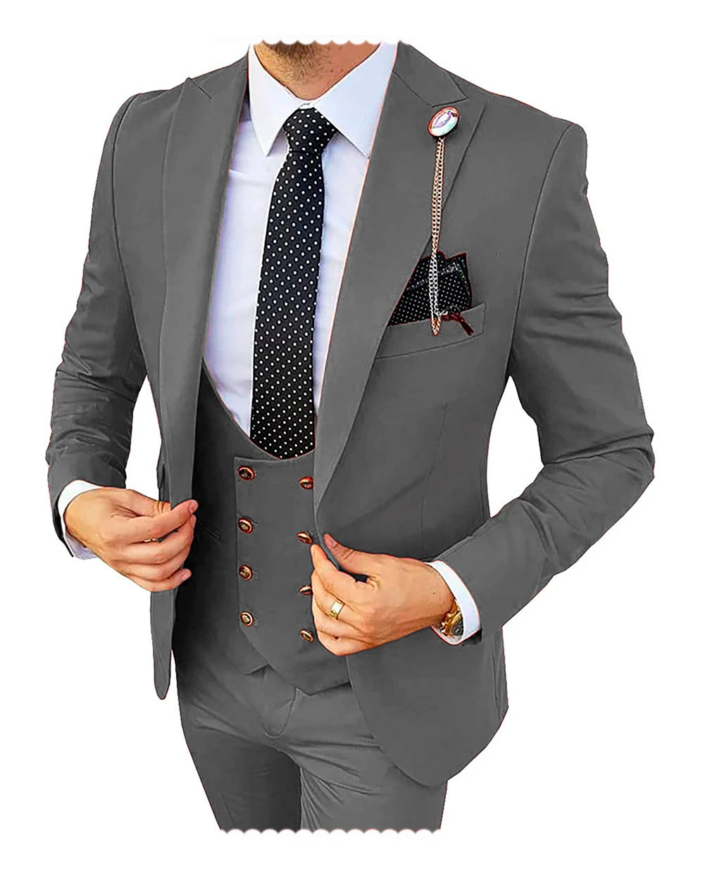 Formal men's 3-piece wedding tuxedo in champagne color with blazer, pants, and vest, slim fit groom suit for weddings and events.