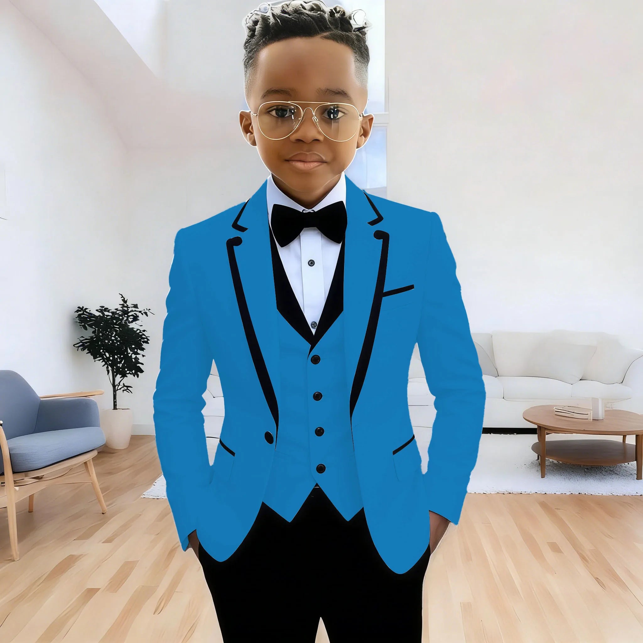 Showlu Smart General boys' formal suit with notched lapel jacket, pants, and vest for wedding and party occasions.