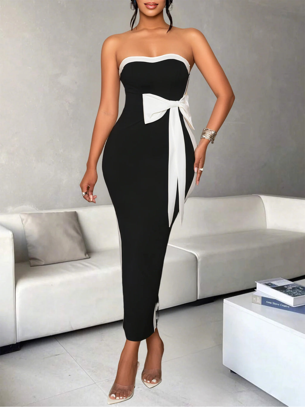 Ladies Fashion Elegant Color Block Knot Design One Shoulder Dress Stylish Graceful Versatile Butterfly Bow Dress for Women