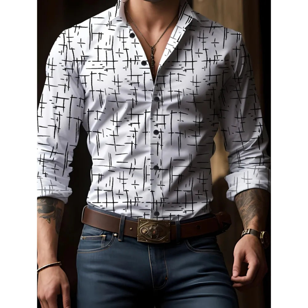 Men's check print long sleeve button-down shirt with flip lapel, oversized outdoor street fashion, by Showlu Fashion.