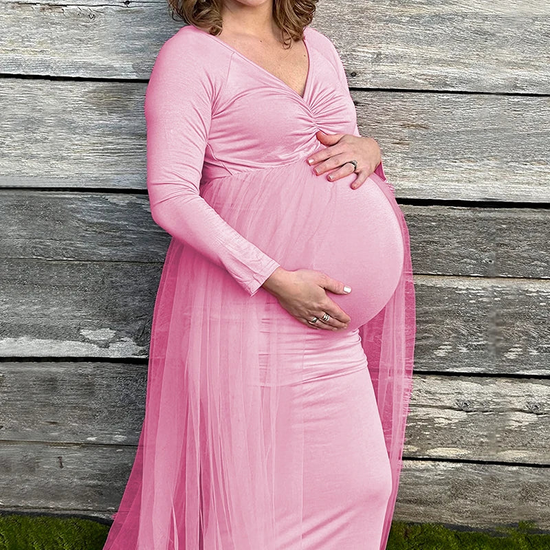 Long sleeve mesh maternity dress with train for photoshoots by SHOWLU FASHION STORE, featuring elegant sheer fabric and flowing design.