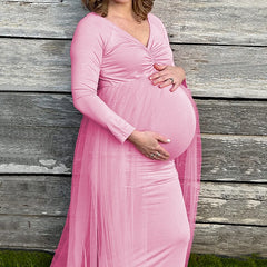 Maternity Long Sleeves Floor Length Mesh Dress Pregnant Dress With Long Train For Shooting Baby Baptism Party
