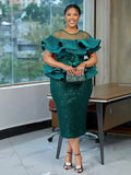 African sequin evening gown with ruffle details, long wedding party dress for women, elegant and stylish formal attire.