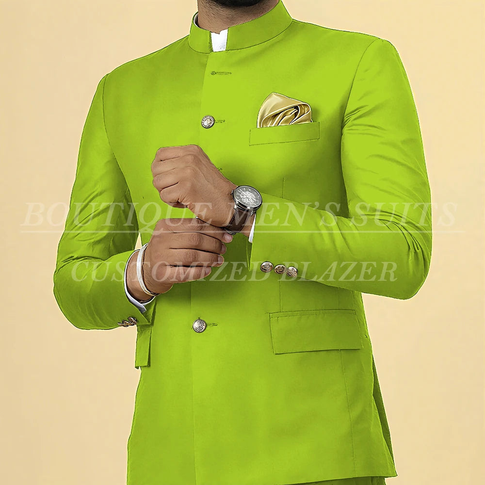 Elegant men's slim fit wedding suit with blazer and pants, single-breasted, stand lapel, customized formal 2-piece outfit.