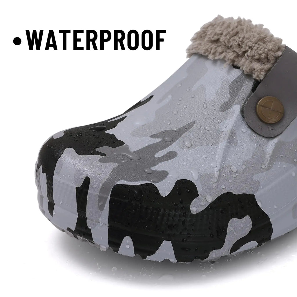 Showlu Fashion Shevalues fuzzy men's clogs slippers with waterproof fur, warm winter house shoes, anti-slip garden footwear