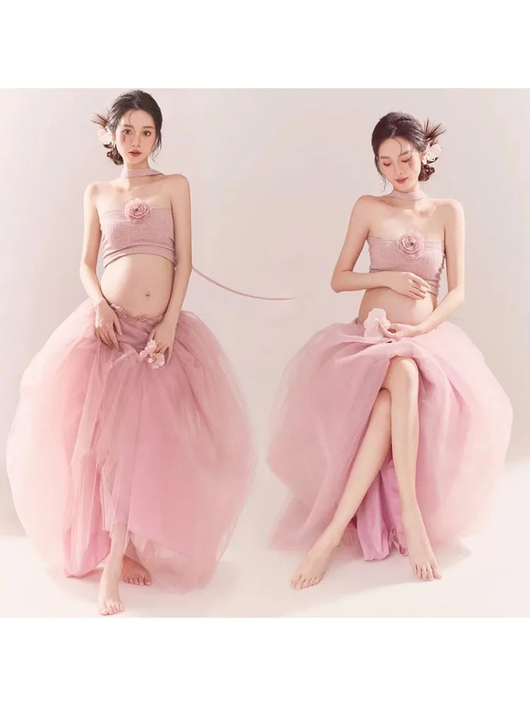 Maternity Photo Shoot Outfit Pink Sweet Tupe Top with Mesh Tutu Long Skirt 2pcs for Pregnant Women Studio Photography Shooting