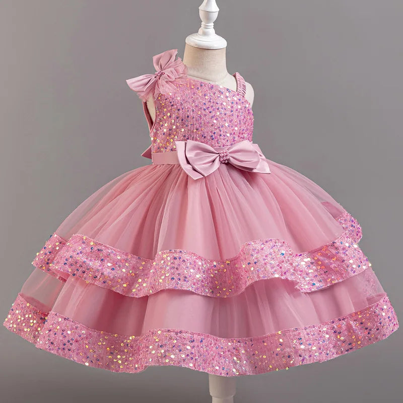 Doveark Girls sequin flower girl dress by Showlu Fashion Store, sleeveless ball gown with floral embellishments and sparkling sequins.