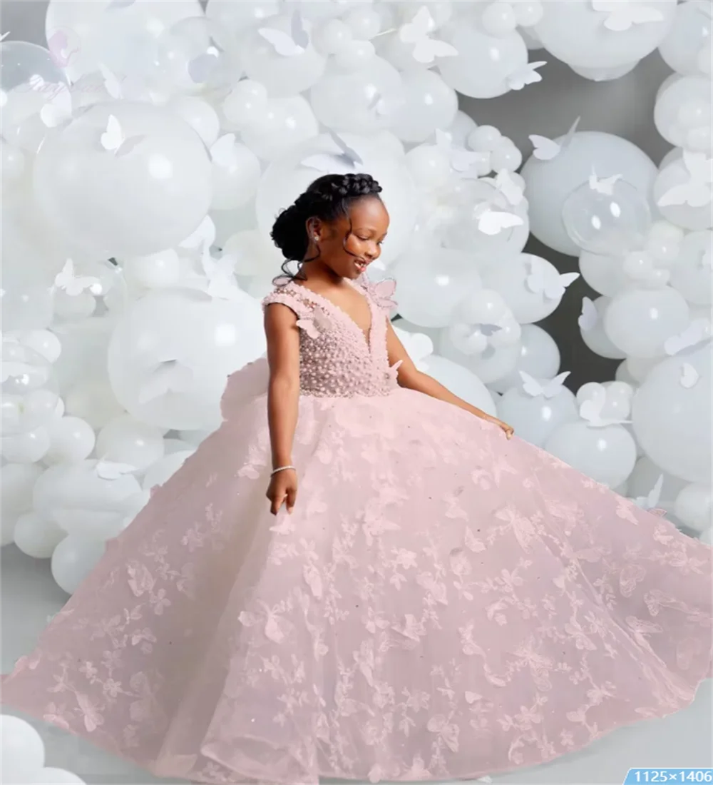White V-neck Luxury Flower Girl Dresses For Wedding Butterfly Appliques Pearl Child Birthday Party First Holy Communion Gown