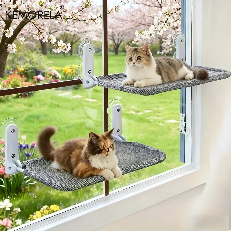 Foldable fiber cat window hammock with strong suction cups, designed for comfort and secure attachment by KEMORELA.