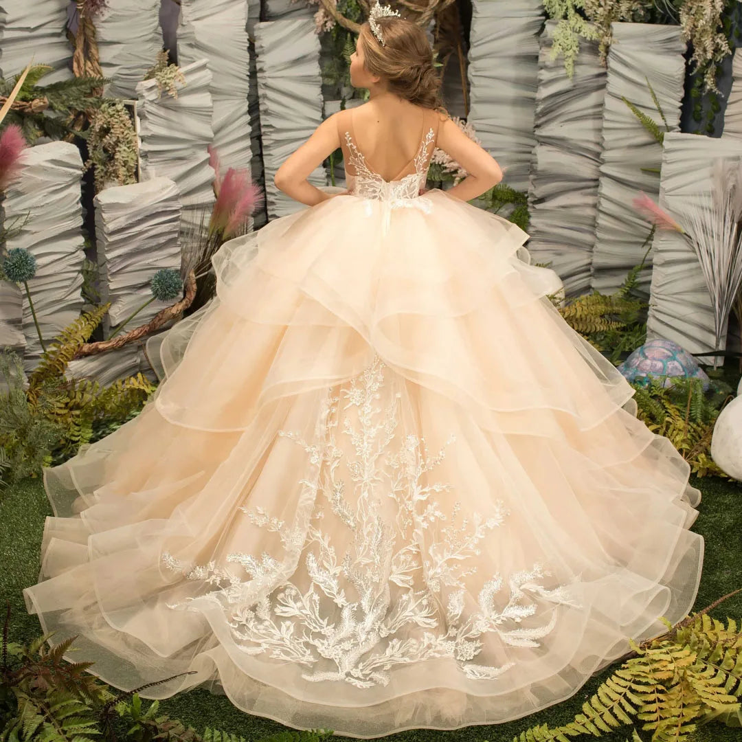 Light champagne flower girl dress by Gdybao featuring tulle tiered ball gown design for weddings, perfect for young children.