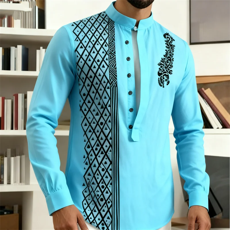 Men's long sleeve button shirt featuring a 7-button Henley style in a loose fit, in a beach-inspired design by Showlu Fashion.