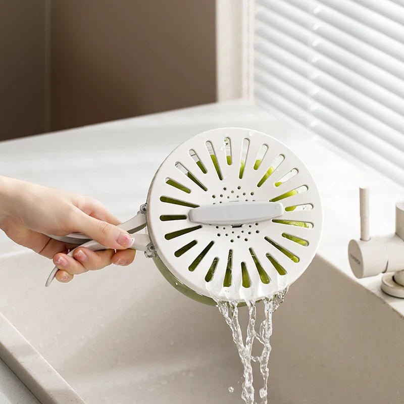 SHOWLU folding drain basket with lid, plastic fruit and vegetable colander for rinsing and draining produce.