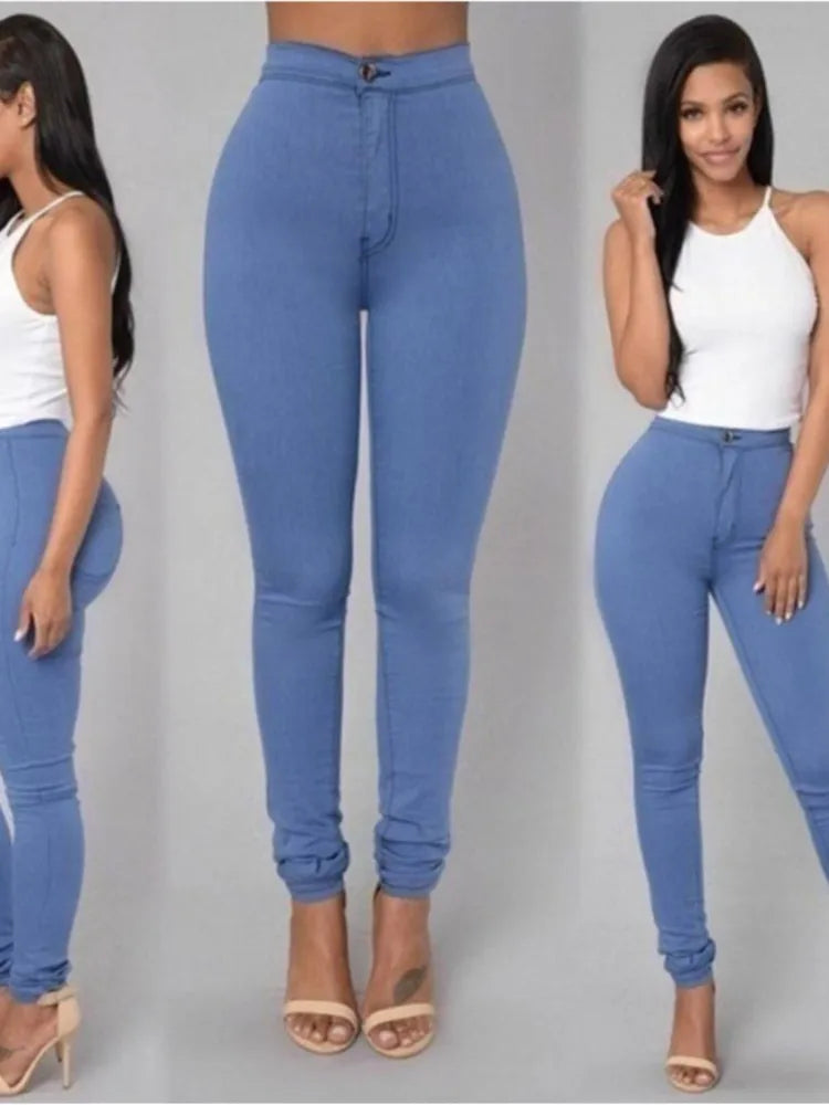 White and black high-waist skinny denim jeans for women, casual vintage style, long slim fit pants from Showlu Fashion.