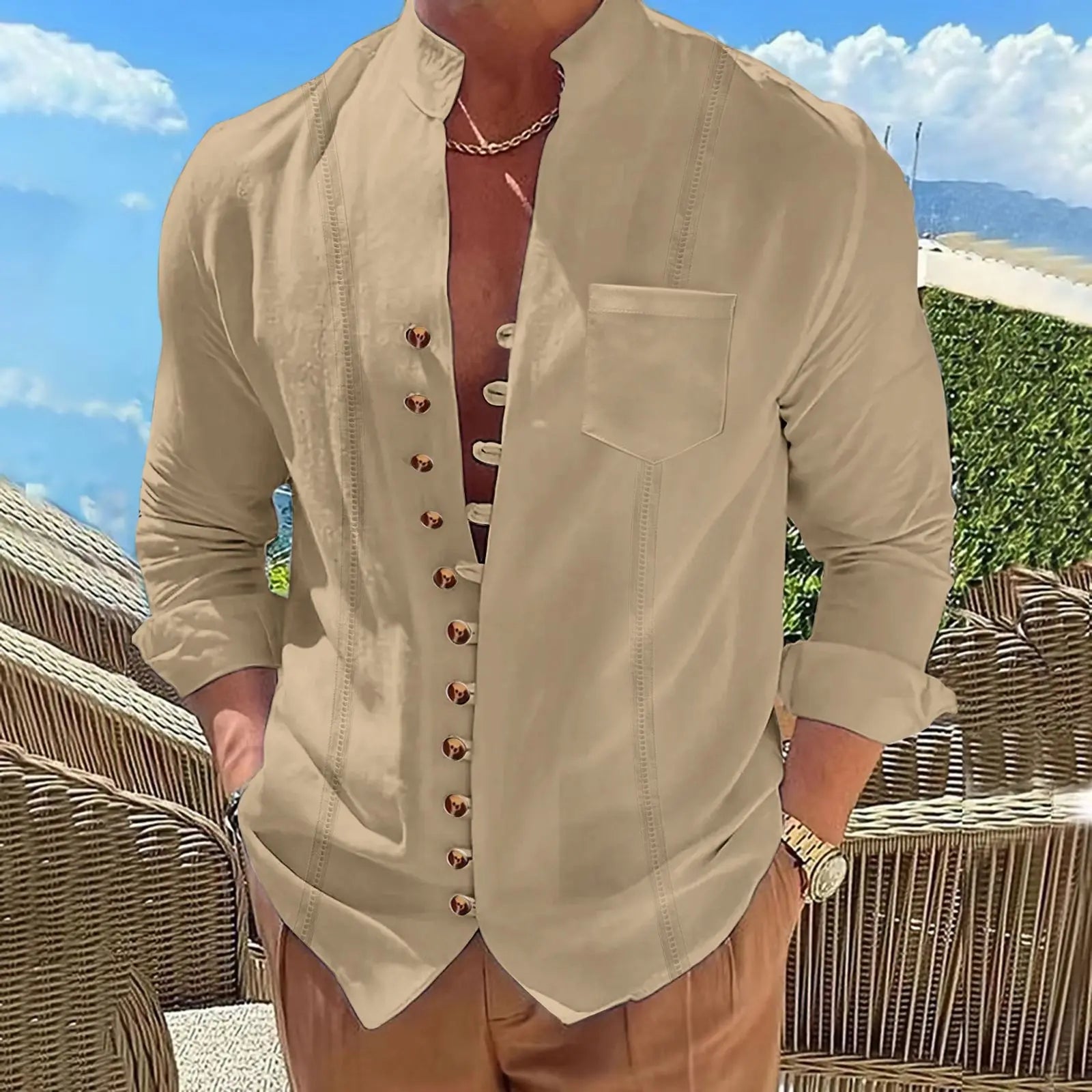 Men's cotton and linen long-sleeve shirt with stand-up collar, solid color with striped cardigan details, casual retro style.