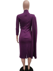 AOMEI Solid Pencil Slim Evening Dress for Women Folds Mid Calf Asymmetrical Half High Collar Three Quarter Outfits 2025