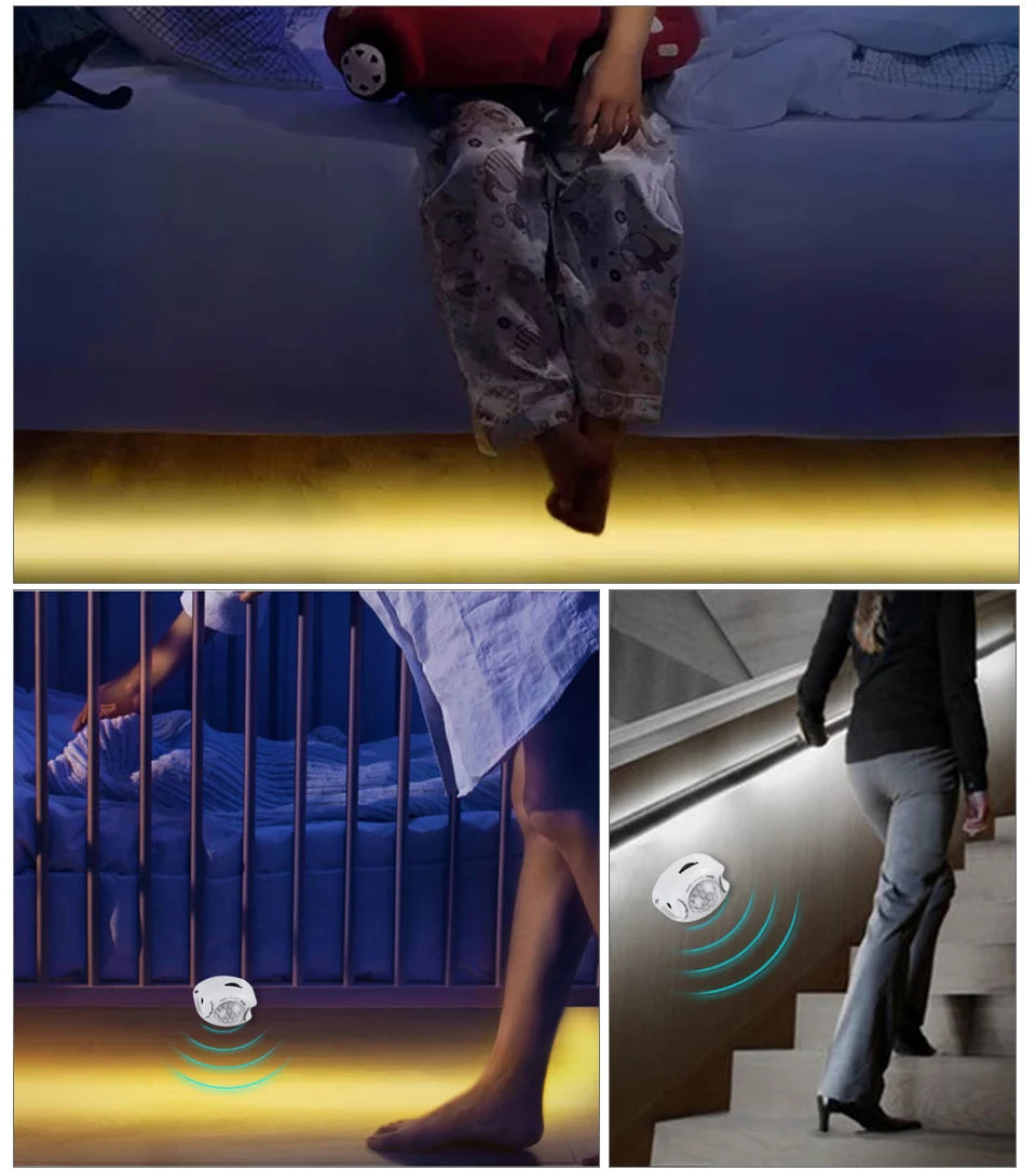 Showlu Smart General LED under bed motion sensor light illuminating a dark bedroom space with soft, energy-efficient glow.