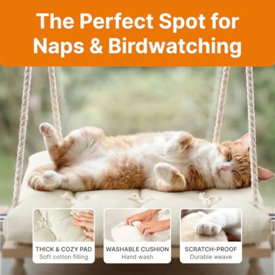 Showlu Pine Wood Cat Window Perch with soft cushion hammock bed, ideal for comfortable feline lounging by the window.
