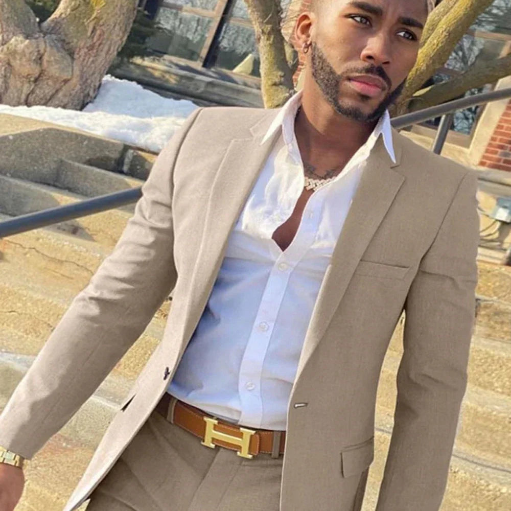 Beige men's slim fit 2-piece wedding tuxedo suit by SHOWLU FASHION, perfect for groom or formal occasions.