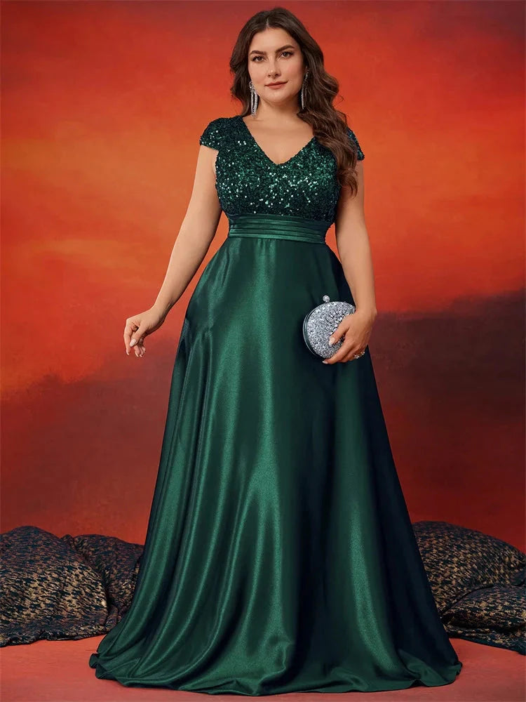 Green sequined V-neck evening dress by Lucy in Love, elegant A-line gown with shimmering details for formal occasions.