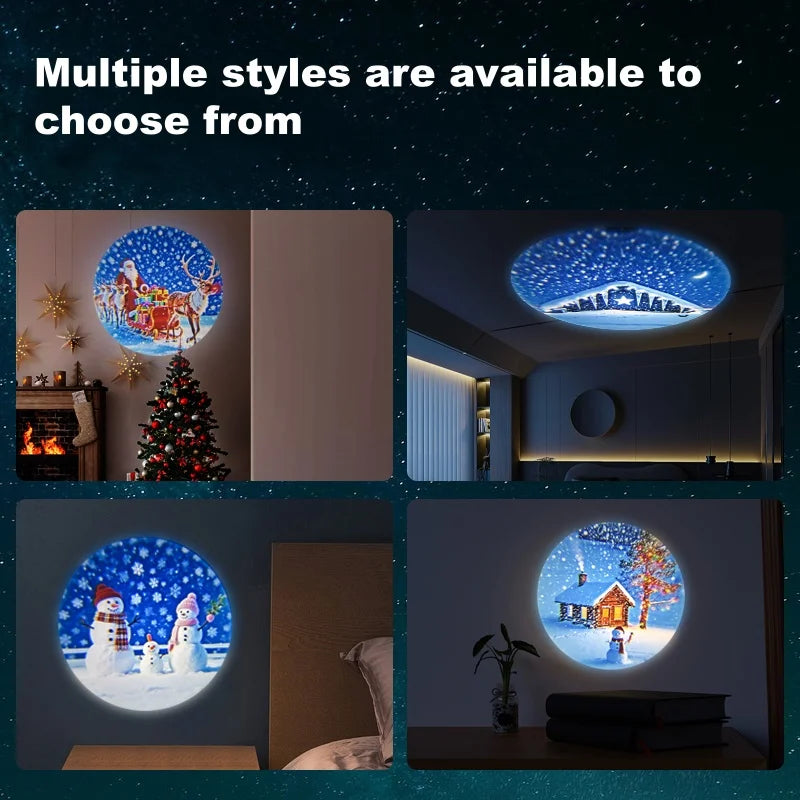 USB projector lamp featuring Christmas elk and Santa Claus patterns, ideal for room ceiling or window holiday decor.