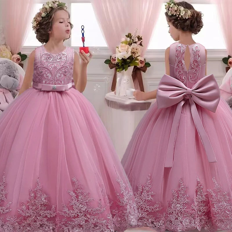 Elegant girl birthday party dress for ages 4-12, sheer long princess gown with summer style, by Showlu Fashion Store.