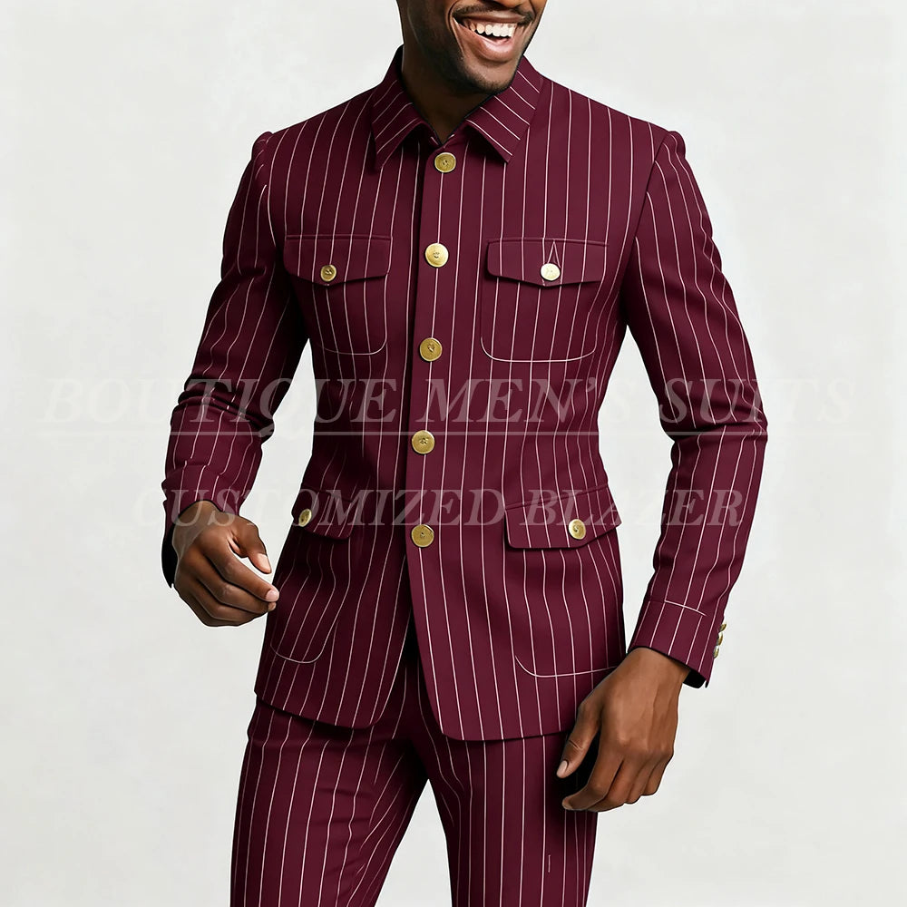 Elegant men's pinstripe suit set with single-breasted jacket and slim-fit pants, featuring stand lapel and tailored design.