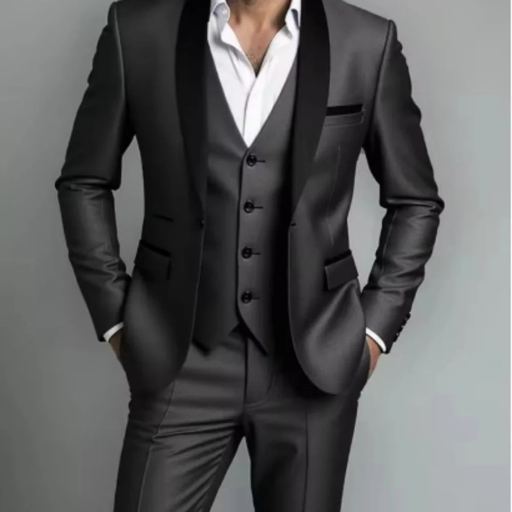 Men's Black White Slim Fit Three Piece Suit Set Large Size Autumn Wedding Party Blazer Coat Pants Vest Fashion Male Outfit
