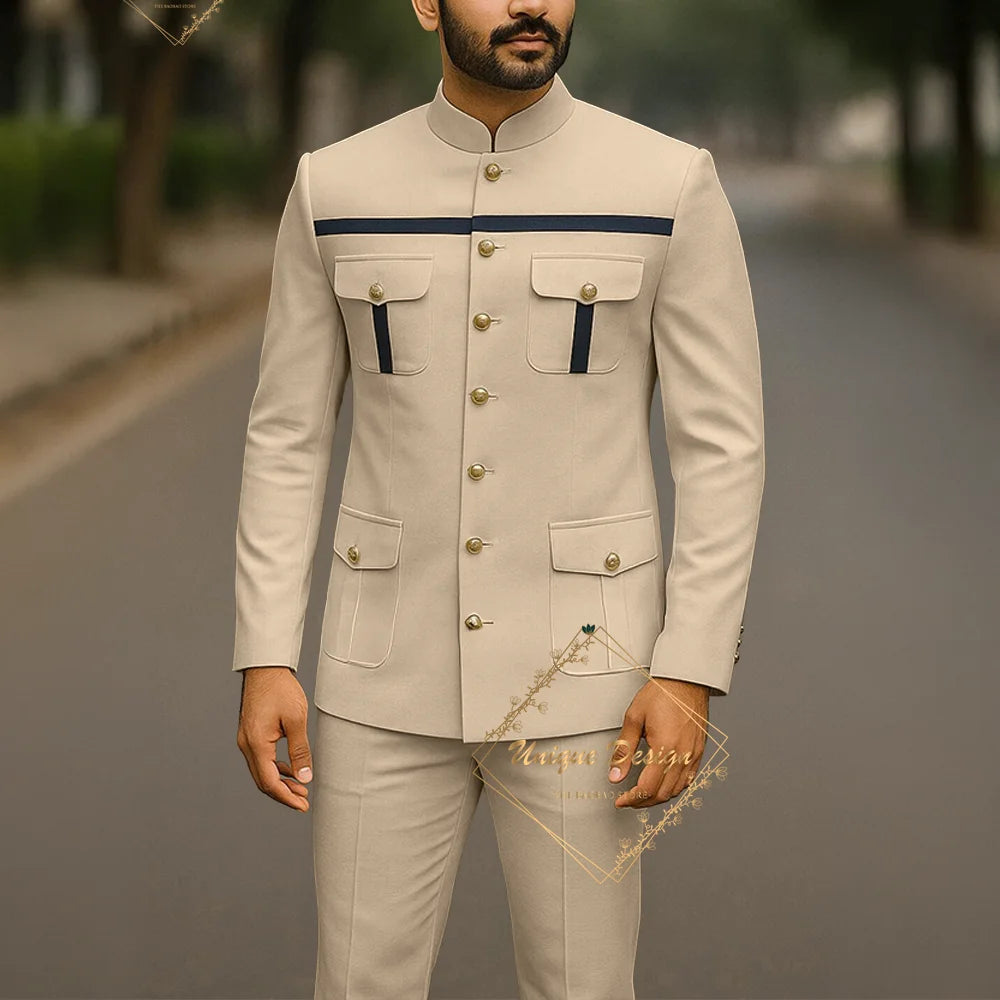 Ivory formal safari suit for men, custom-made Indian wedding groom 2-piece set with jacket and pants, slim fit party attire.
