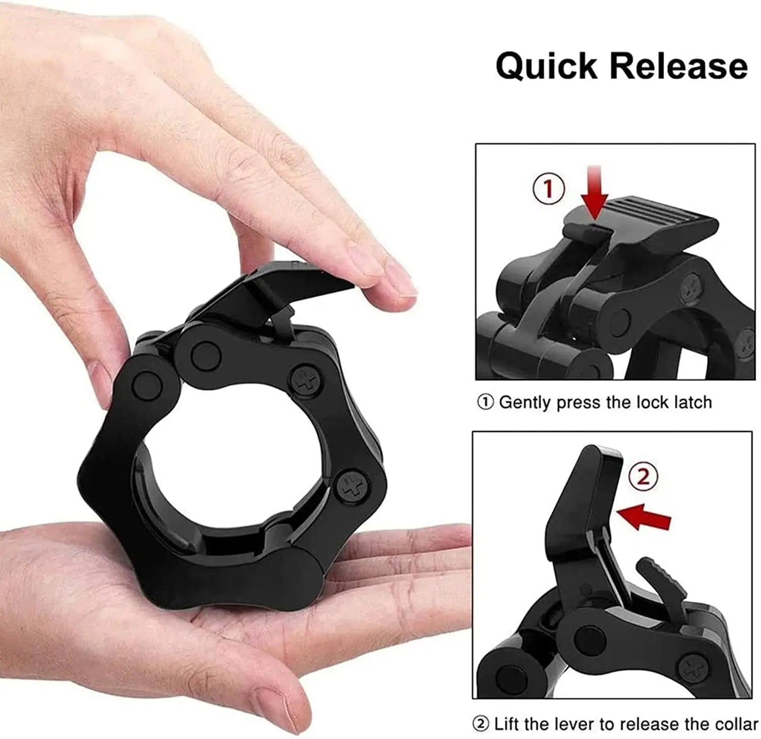 Pair of Showlu Fashion Store 25/50mm quick release barbell clamps with spin lock for weightlifting and strength training.
