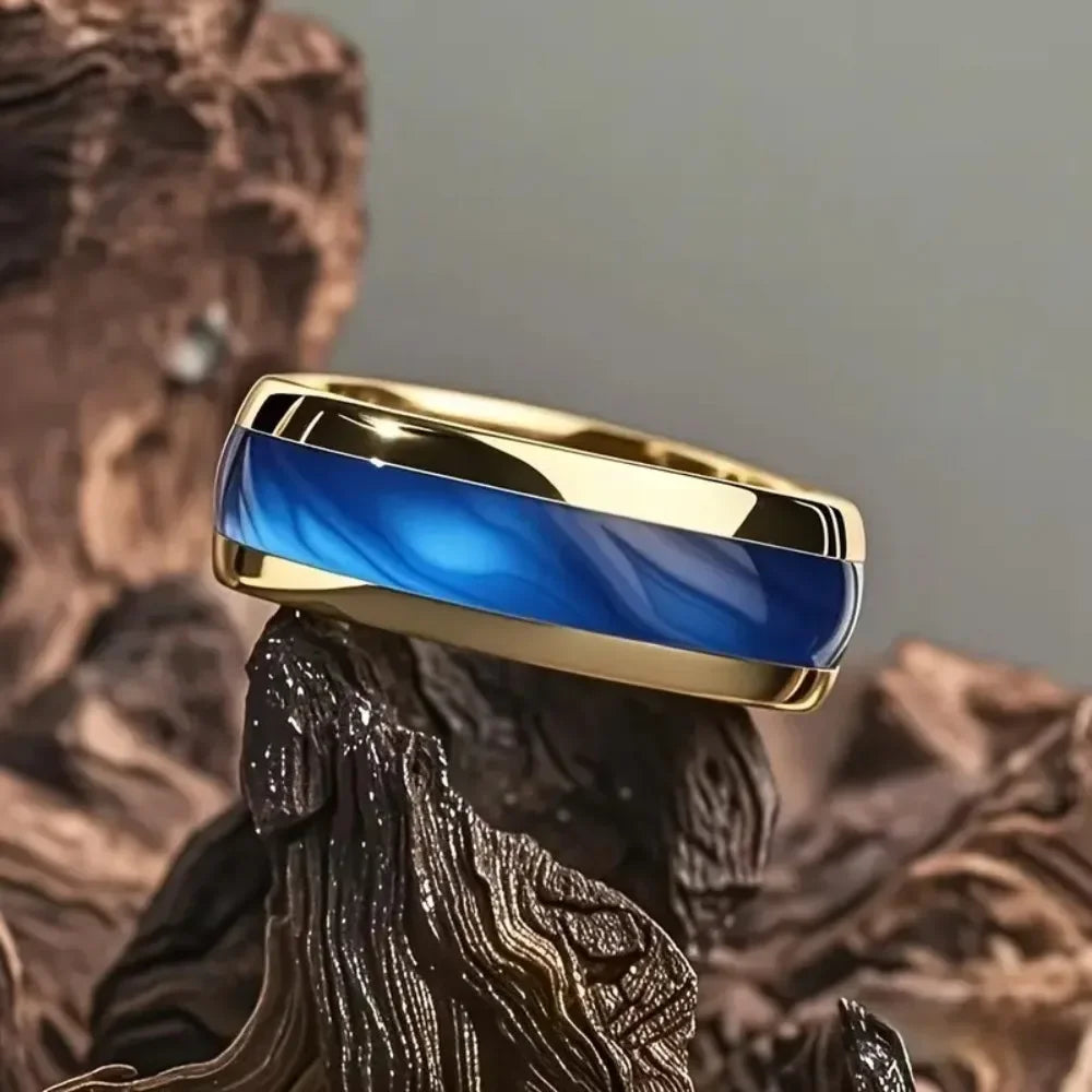 8mm gold sapphire steel ring with personalized engraving, designed for engagement or wedding bands, showcasing a polished finish.