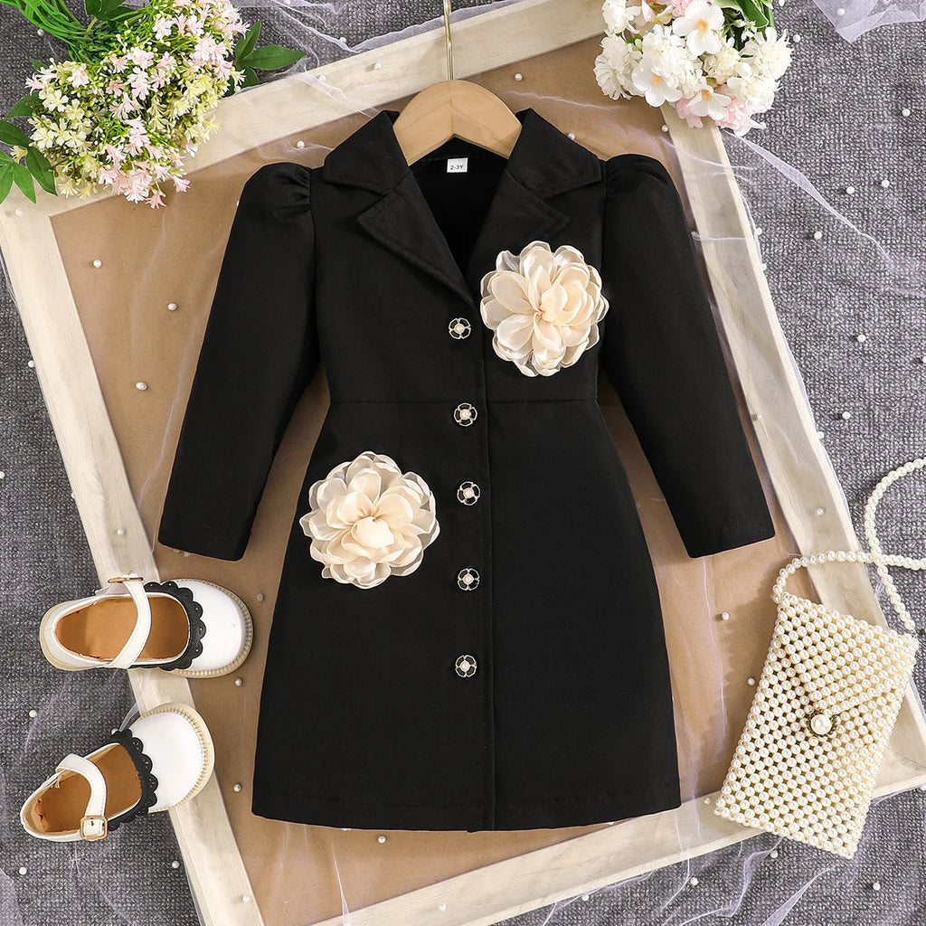 Girls' blazer dress by Showlu Fashion Store featuring long sleeves and floral design, perfect for elegant parties.